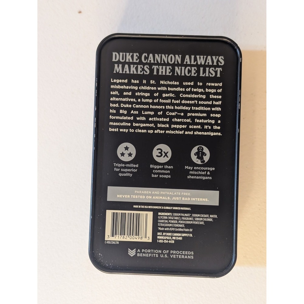 DUKE CANNON Lump of Coal Soap Tin –‎ Activated Charcoal, 10 oz, New in Box - Picture 3 of 4